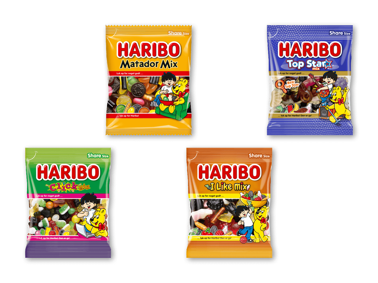 Fire Haribo-slikposer i forskellige farver og smagsvarianter, herunder Matador Mix og Top Star.
