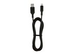 Black USB to micro-USB charging cable, coiled and secured with a strap.