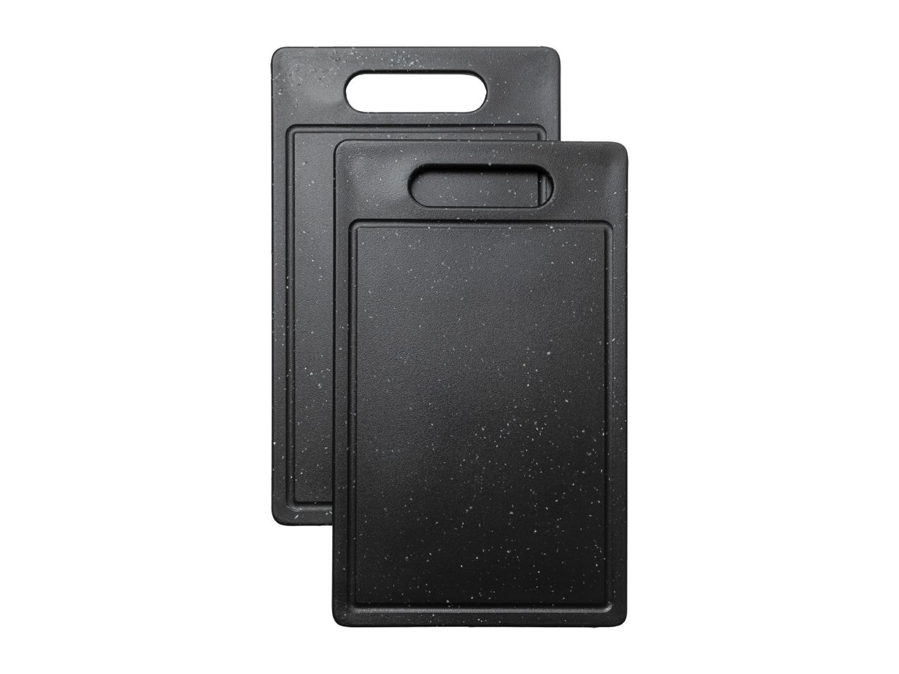 Two black rectangular cutting boards with handles, one slightly behind the other.
