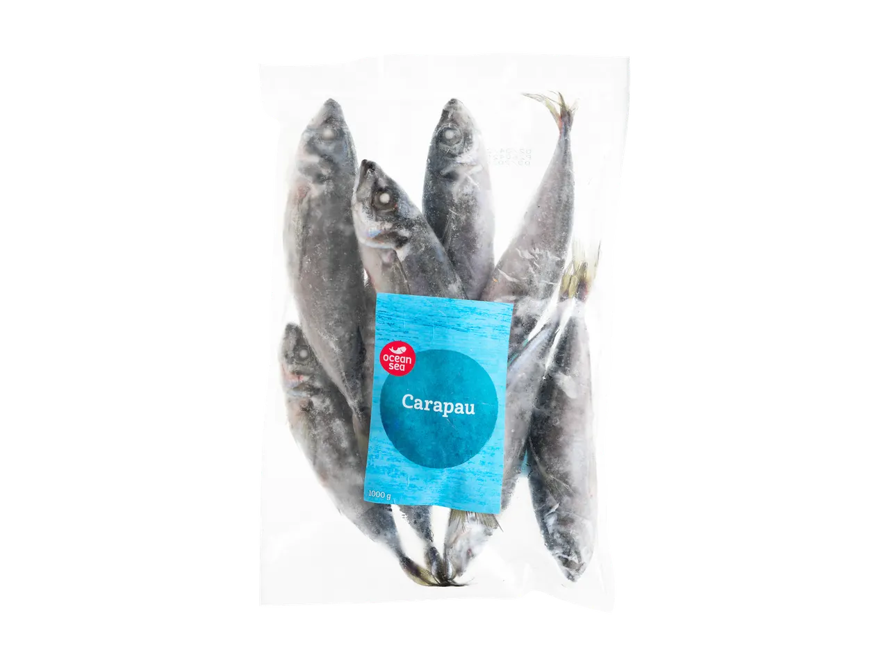 Peixe Carapau congelado num saco plástico transparente com rótulo 'Ocean Sea'.