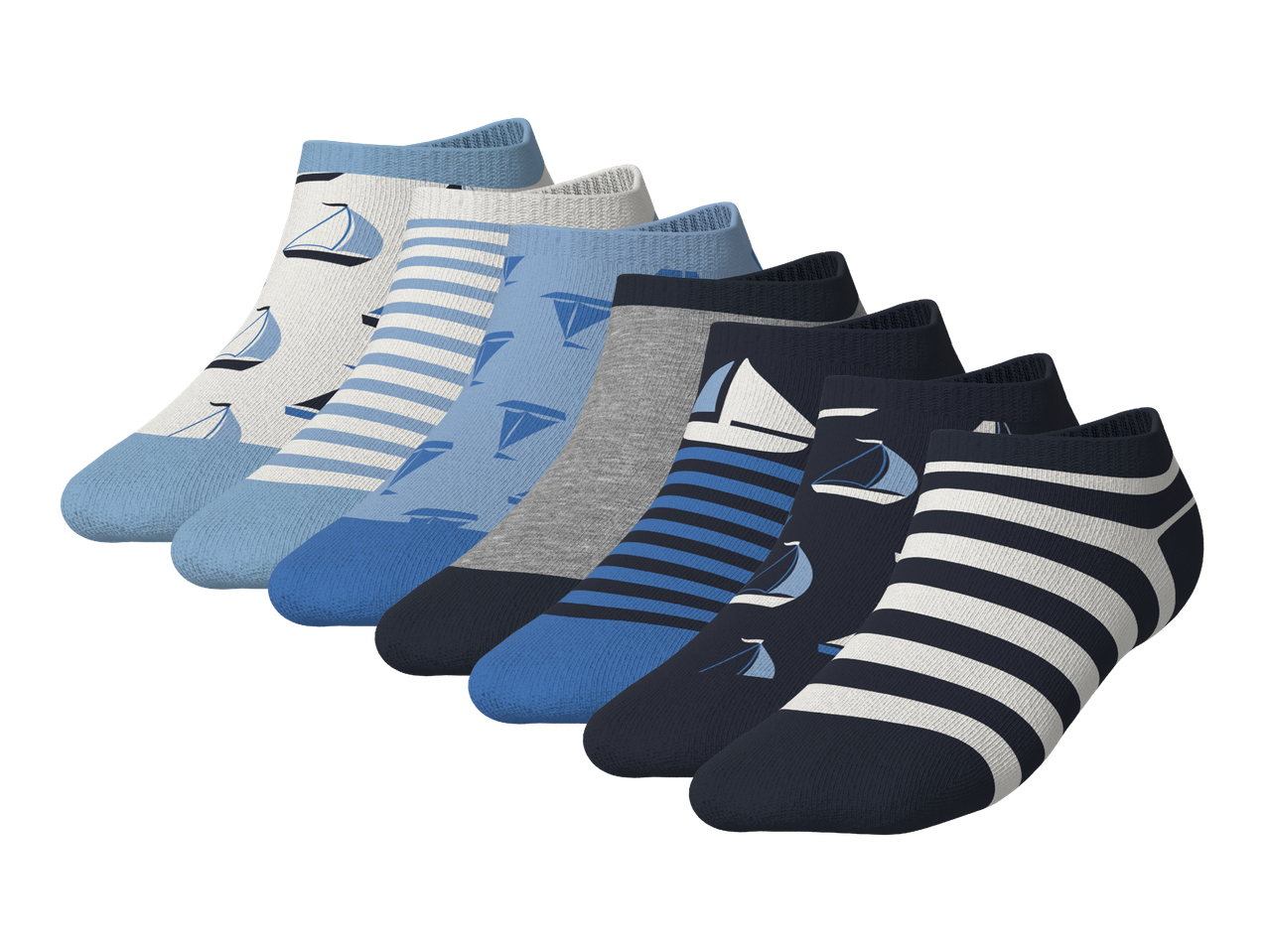 Set od sedam muških stopalica s mornarskim uzorcima i prugama u plavim i sivim tonovima.