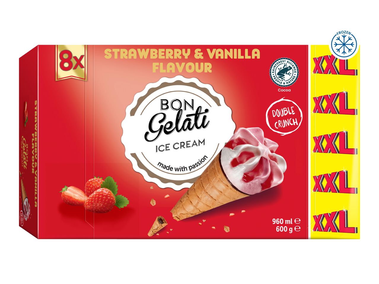 Box of 8 strawberry and vanilla ice cream cones with a double crunch, 960ml/600g.