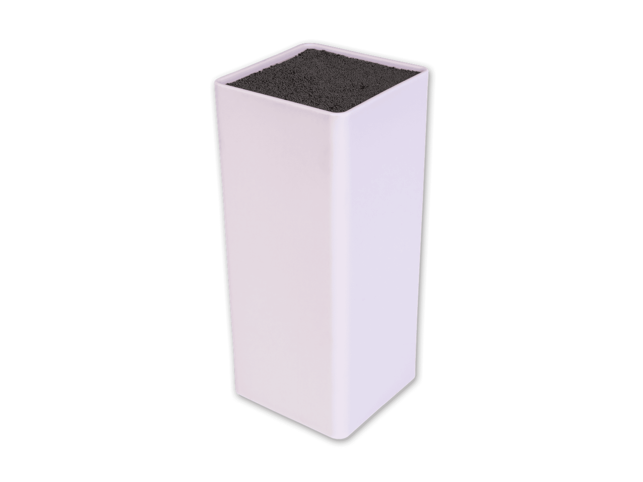 Ein weißer, quadratischer Messerblock mit schwarzem Schleifmaterial.