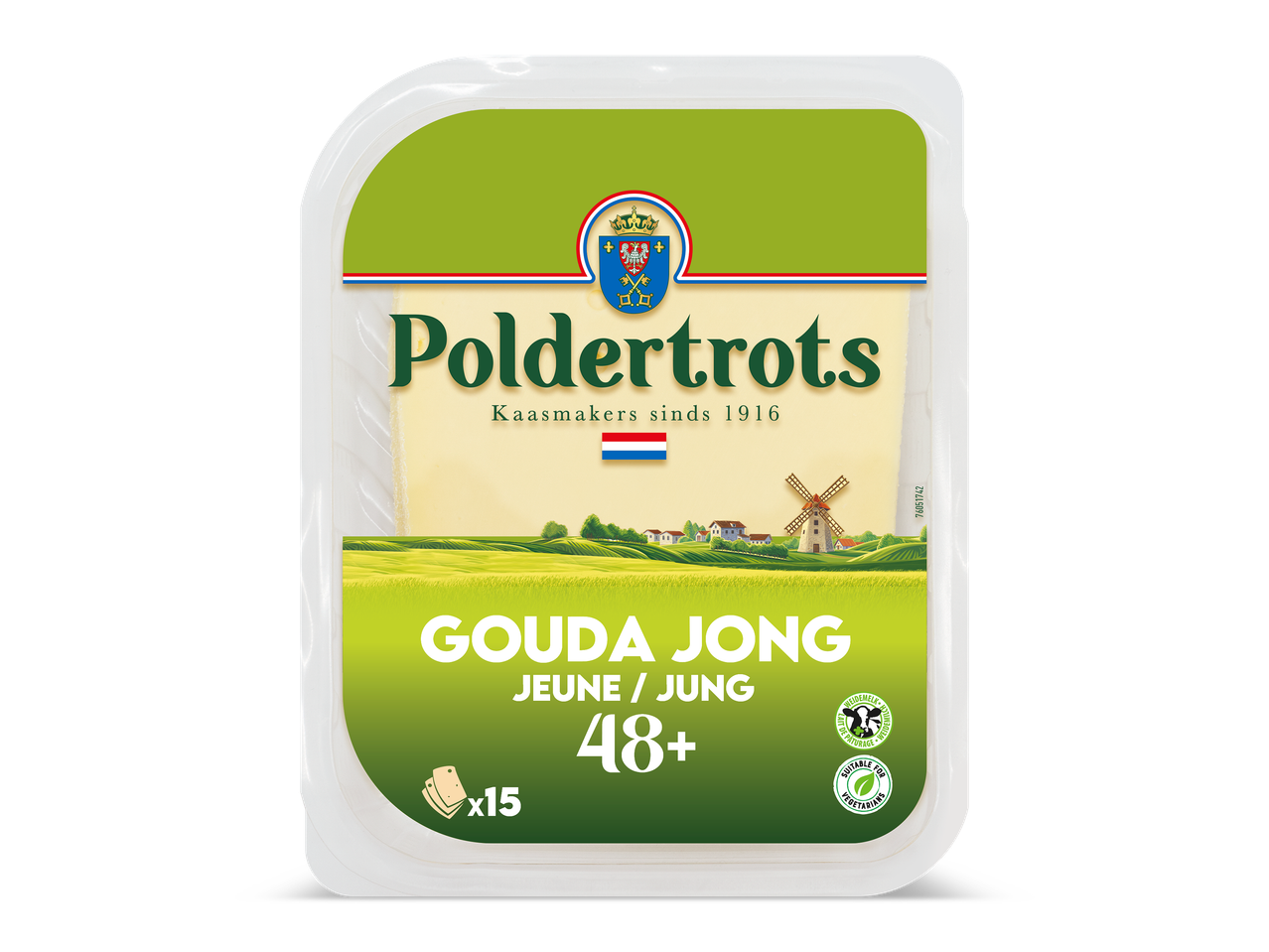 Verpakking met 15 plakjes jonge Goudse kaas, 48+, geschikt voor vegetariërs.
