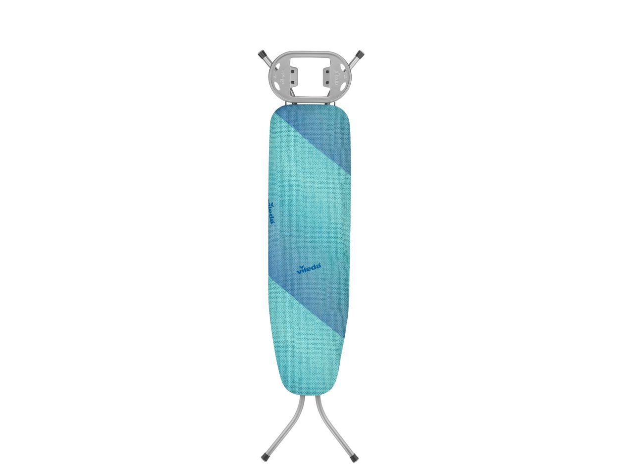 A Vileda wall-mounted ironing board with a teal and blue patterned cover.
