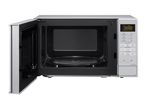 A silver Samsung microwave oven with its door open.