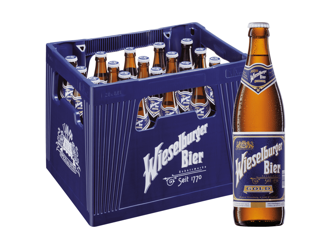 Eine Kiste Wieselburger Bier Gold steht neben einer einzelnen Flasche des gleichen Bieres.