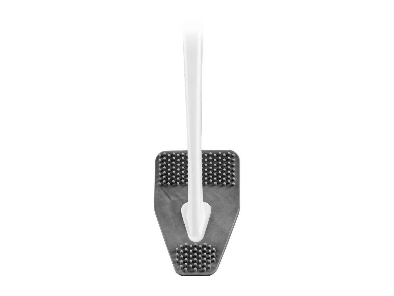 Toilet brush with a white handle and a grey silicone head with bristles.