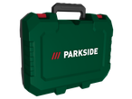 Green tool case with a black handle and red latches, featuring a white logo.