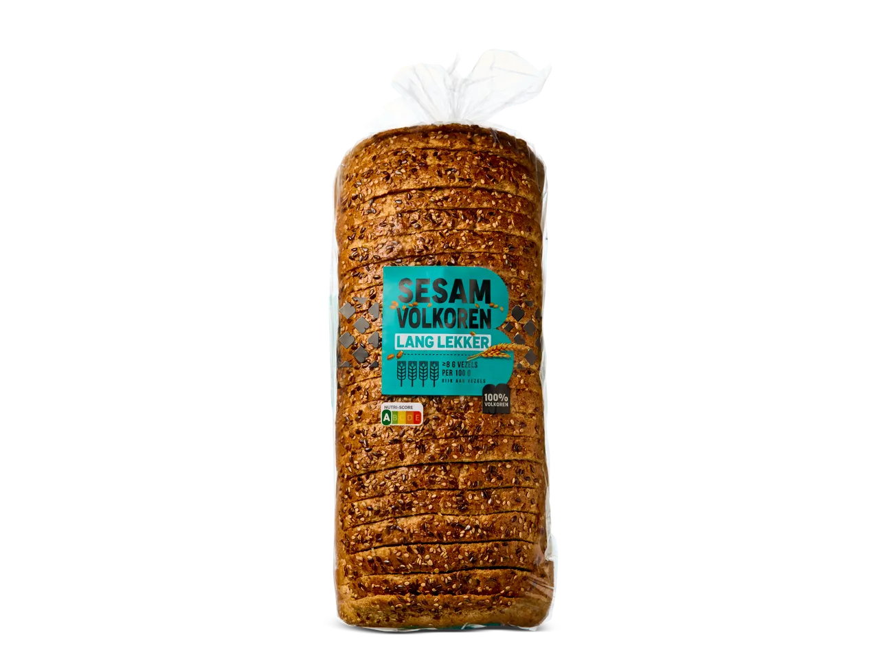 Verpakt volkorenbrood met sesam en lijnzaad, Nutri-Score A, 100% volkoren.