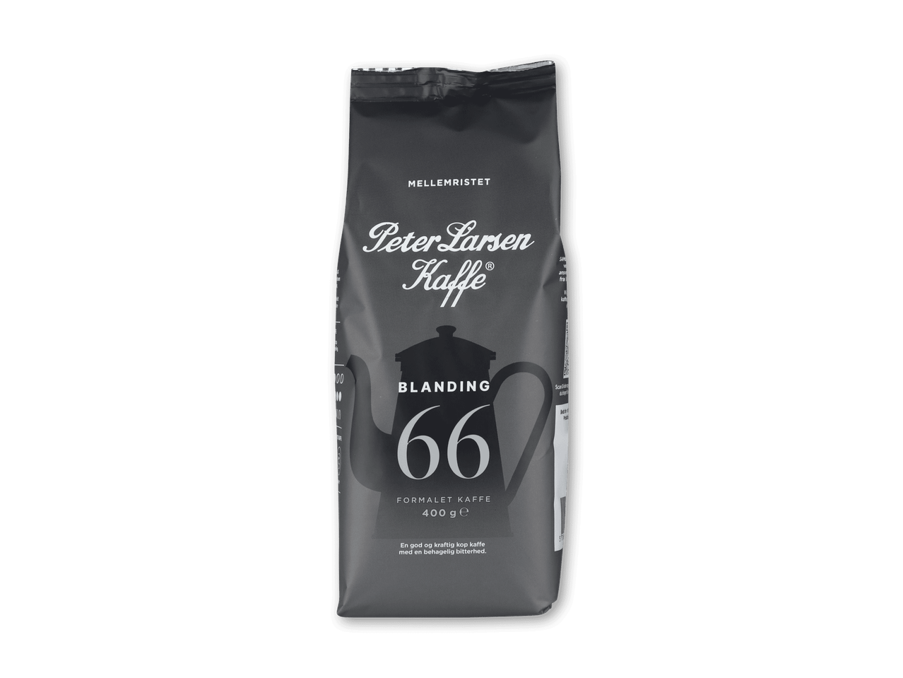 Mørk kaffepose med teksten 'Blanding 66' og 'Formalet kaffe 400 g'.