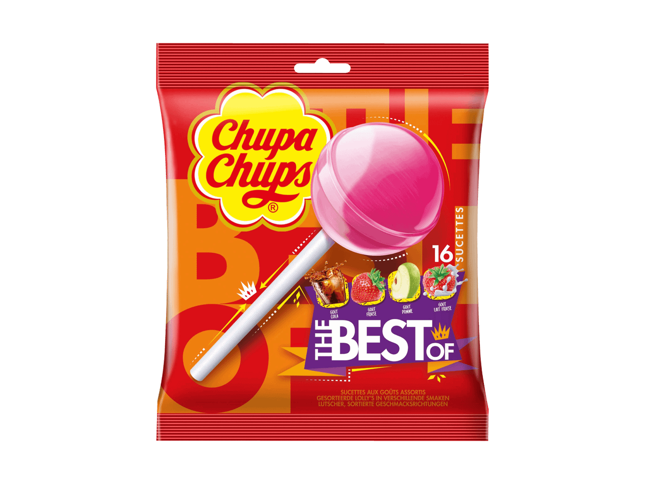 Packung mit sortierten Lollis in den Geschmacksrichtungen Cola, Erdbeere, Apfel und Erdbeermilch.