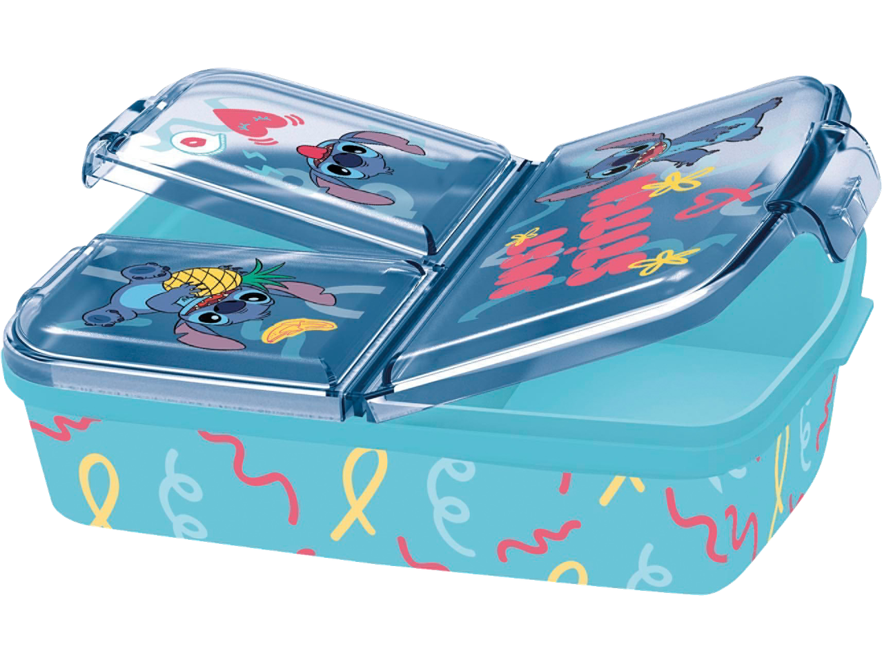 Stitch sandwich box with three compartments and character designs.