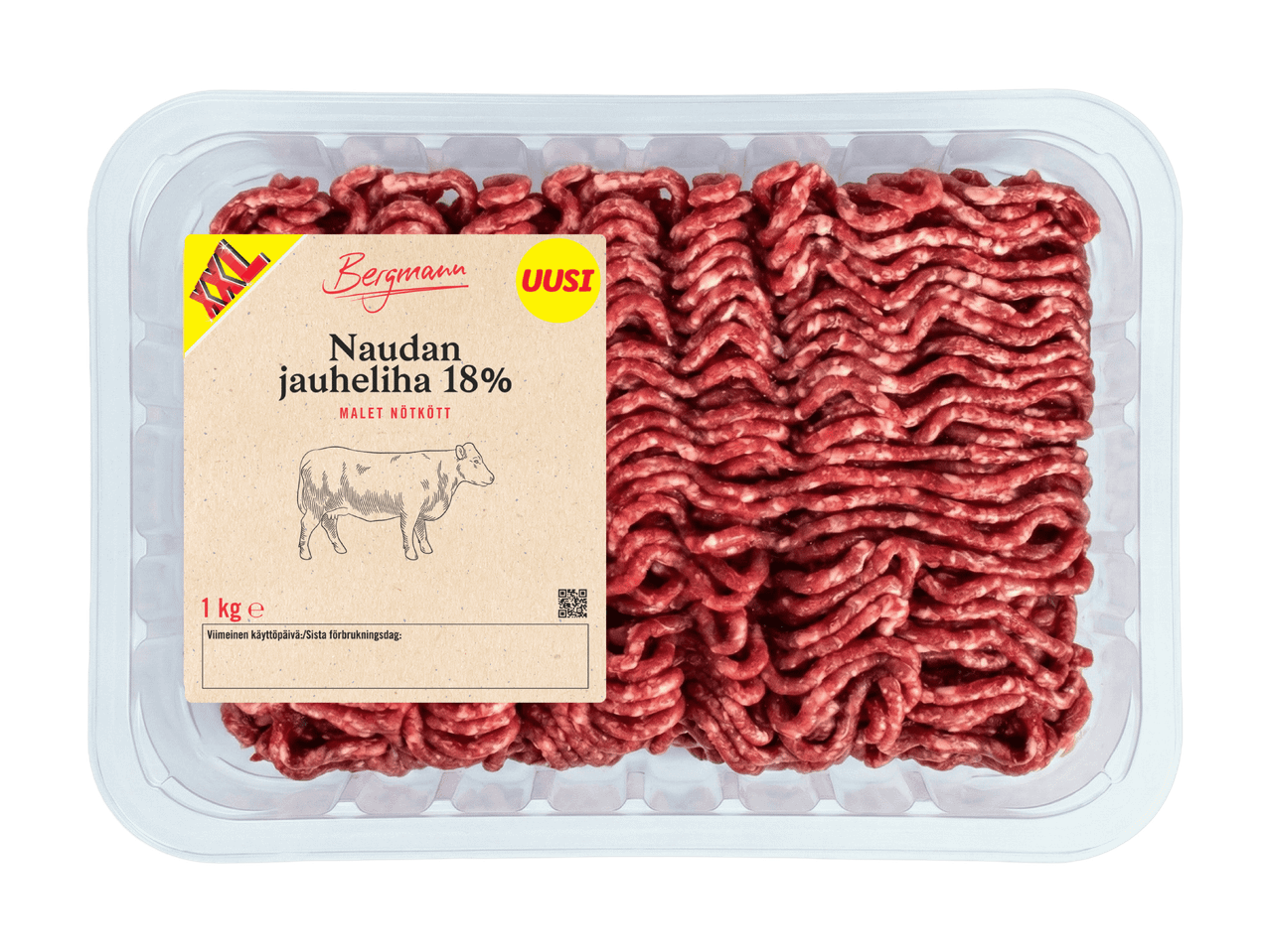 Pakkaus naudan jauhelihaa, 18% rasvaa, 1 kg.