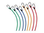 Assortment of colorful bungee cords with hooks.