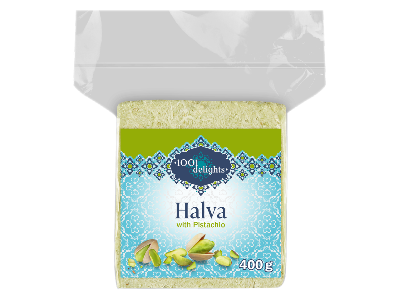 Halva with pistachio in clear packaging, featuring a decorative label with text and pistachios.