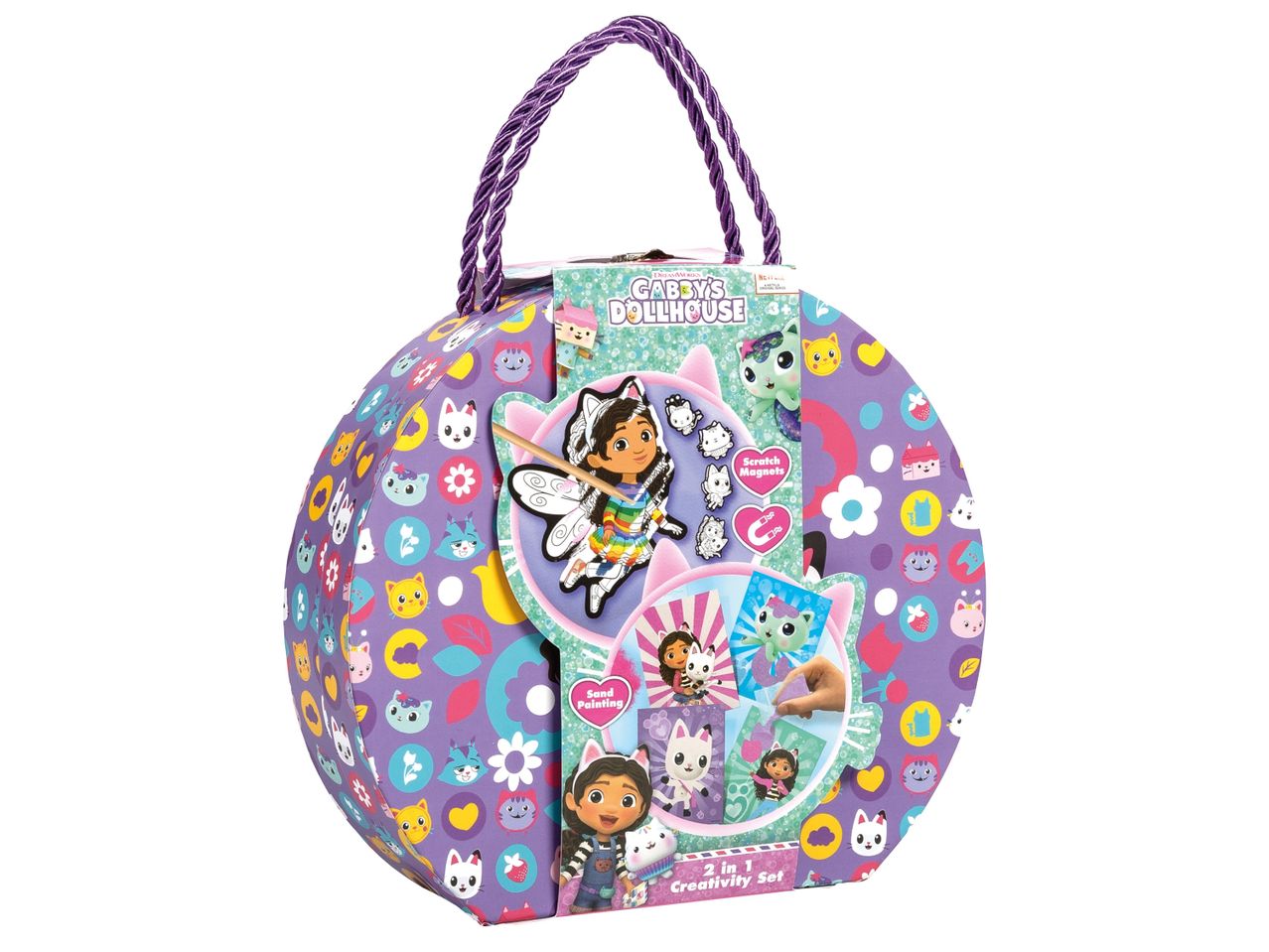 Комплект за творчество „Къщата за кукли на Габи“ 2 в 1, включващ рисуване с пясък и скреч магнити.
