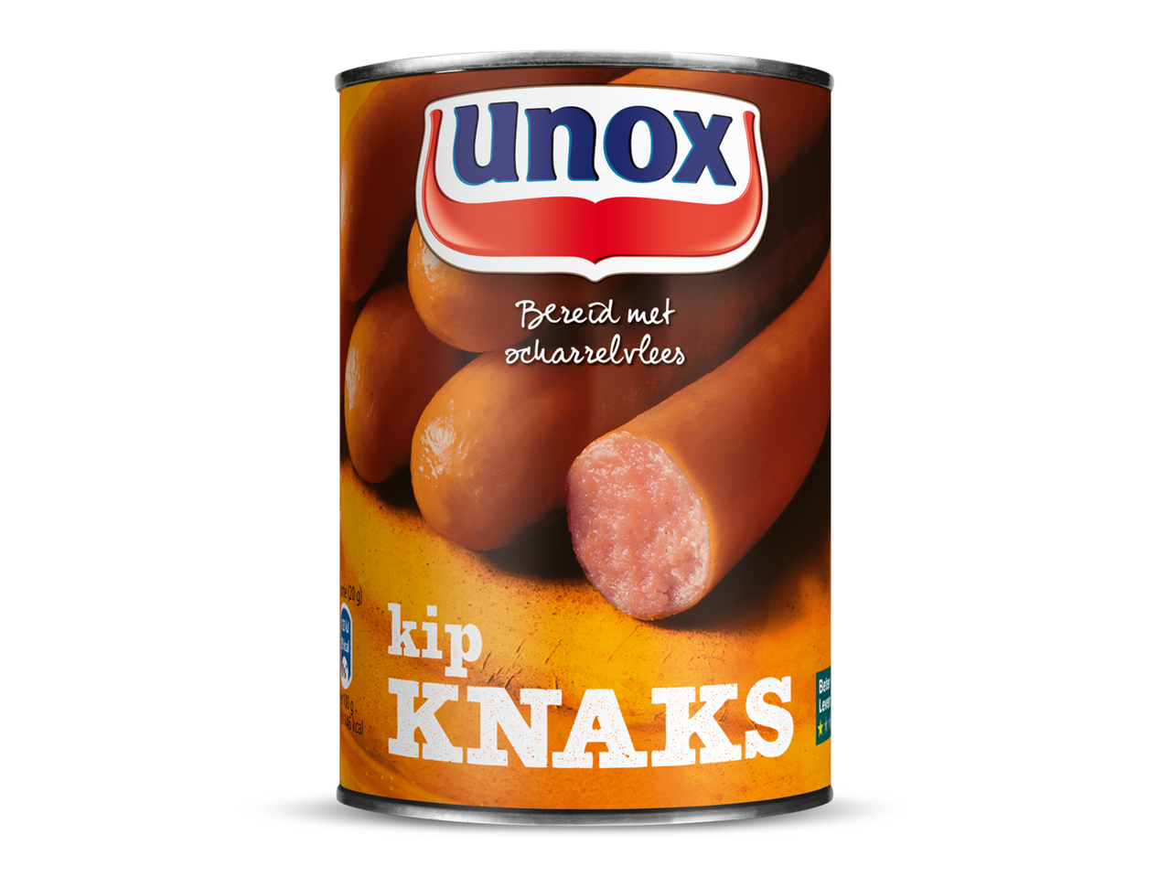 Een blikje met knakworsten, met de tekst 'kip knaks' en 'bereid met scharrelvlees'.
