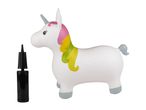 Inflatable white unicorn toy with a rainbow mane and a black hand pump.