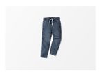 A pair of blue denim joggers with a white drawstring on a white background.