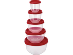 Sukrauti skaidrūs maisto laikymo indai su raudonais dangteliais