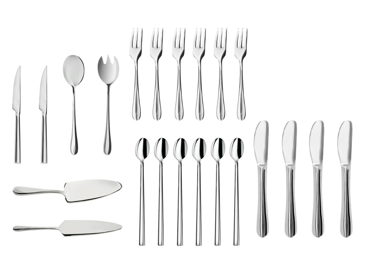 Set pribora za jelo od nehrđajućeg čelika, uključujući noževe, vilice, žlice i poslužitelje.