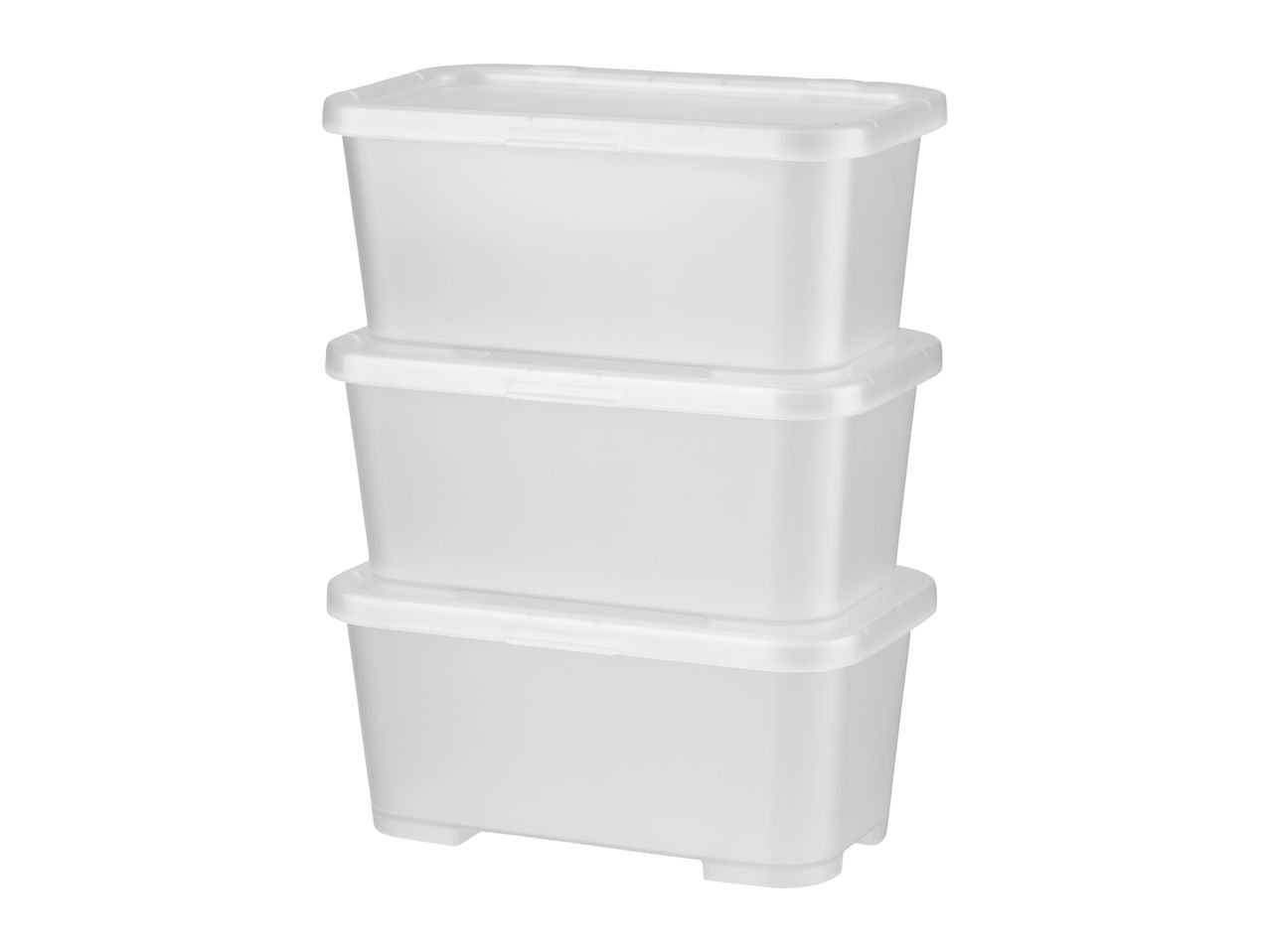 Three stackable plastic storage bins.