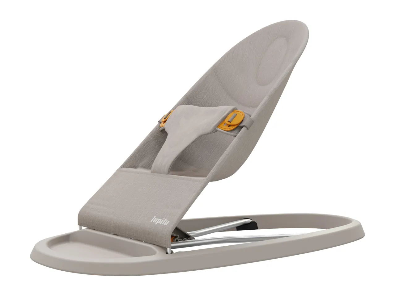 A light grey baby bouncer with orange buckles, designed for infant comfort and safety.