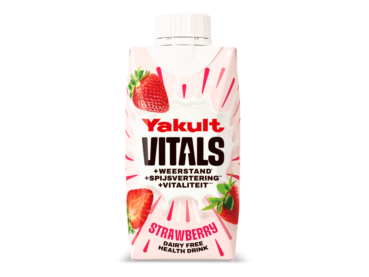 Een pakje aardbeien zuivelvrije gezondheidsdrank met de tekst 'Vitals' en 'Strawberry'.