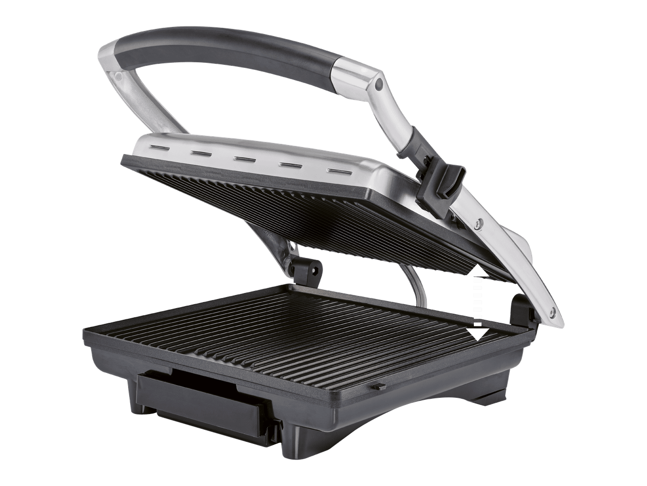 Avoin sähkögrilli, jossa on harjattu teräskansi ja mustat tarttumattomat grillauslevyt.