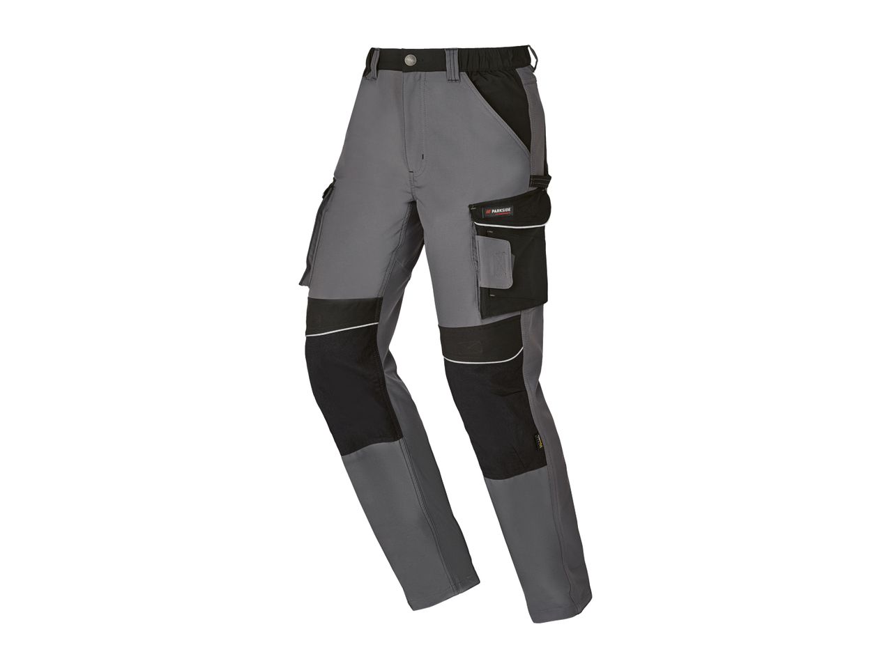 Grey and black work trousers with multiple pockets and reinforced knees