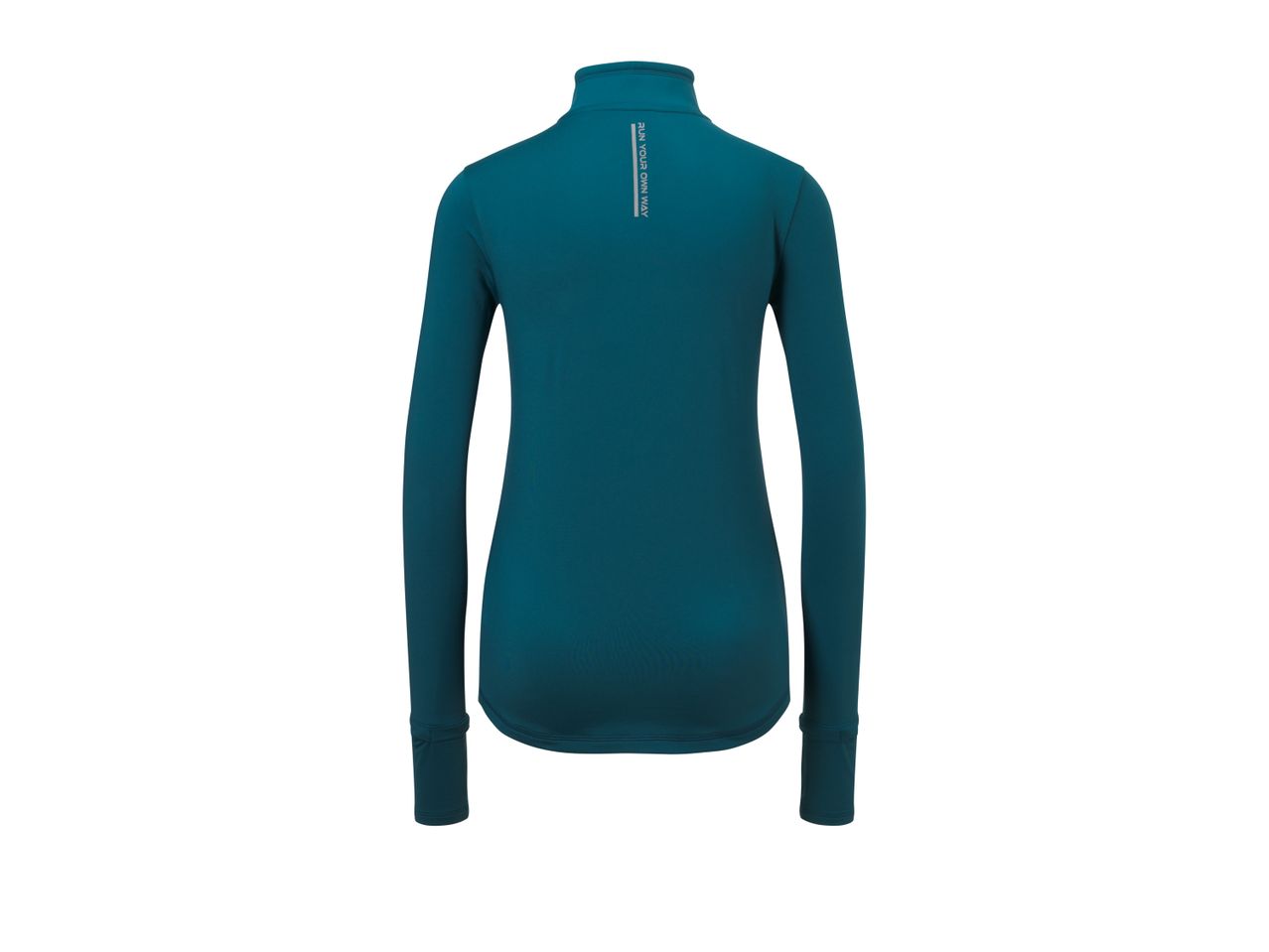 Teal long-sleeved athletic top with 'RUN YOUR OWN WAY' text on the back