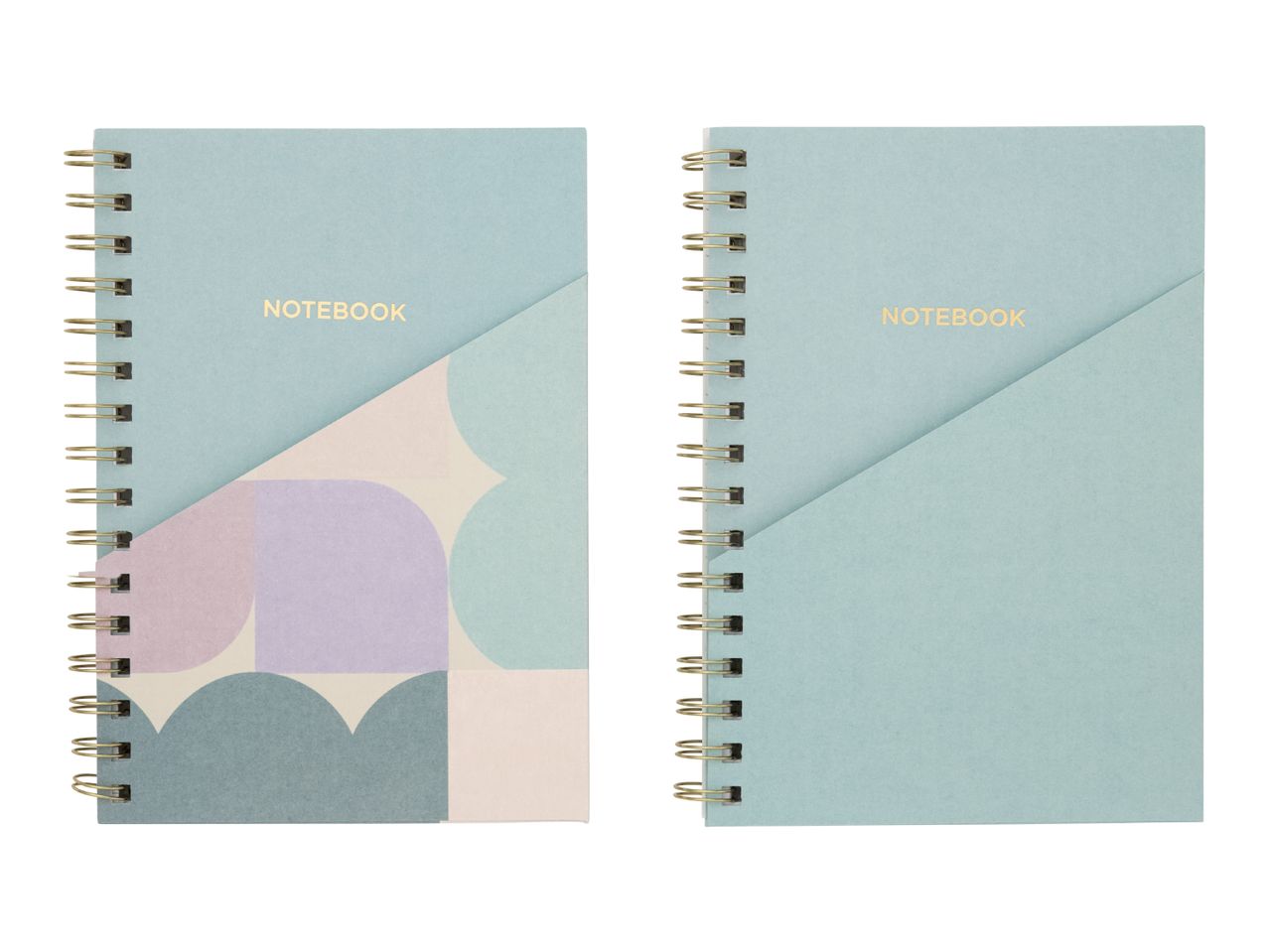 Two spiral notebooks with light blue covers, one with a geometric pattern, both say 'NOTEBOOK'.