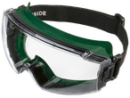 Защитни очила със зелена рамка и черна регулируема лента за глава.