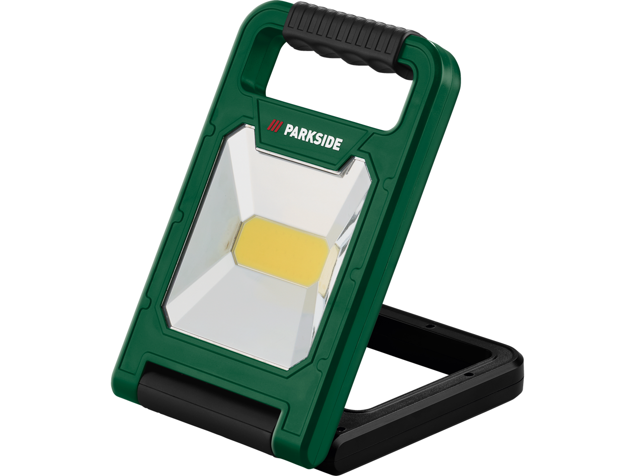 Parkside® COB LED projektor u zelenoj i crnoj boji, s ručkom i stalkom.