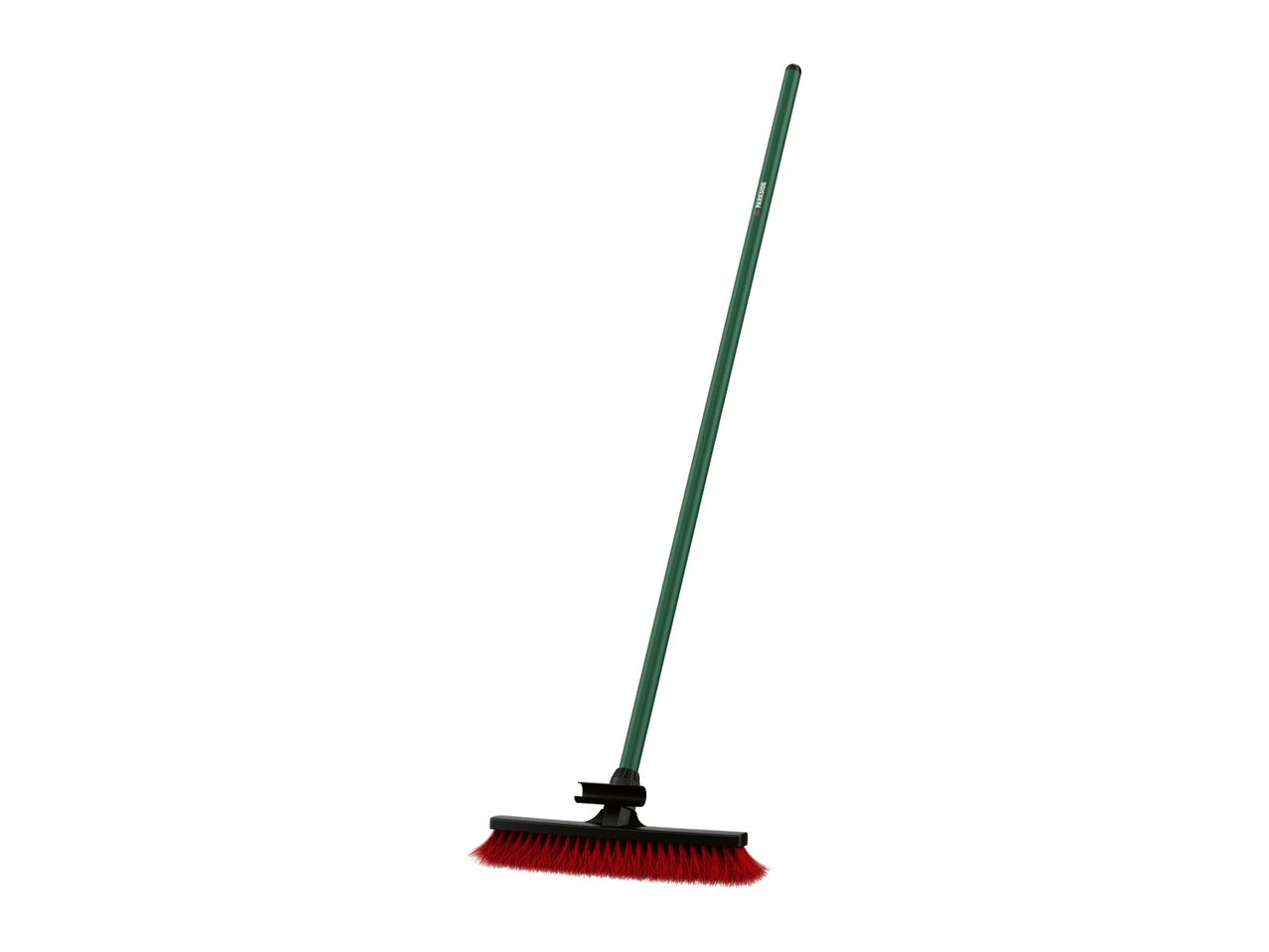 Green broom with red bristles