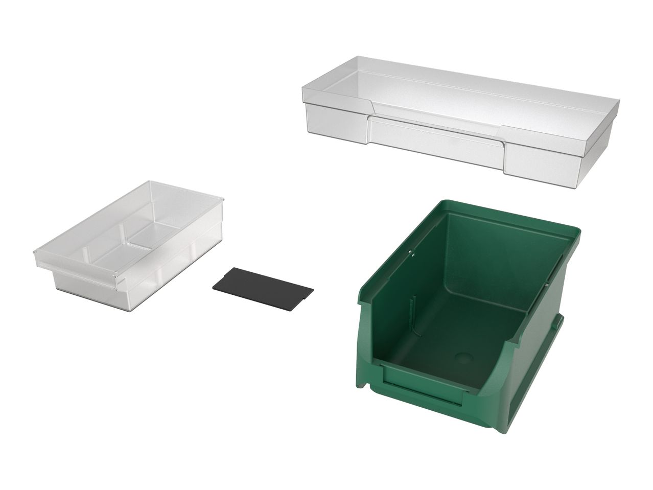 Three storage containers: two clear plastic, one green plastic, and a black divider.