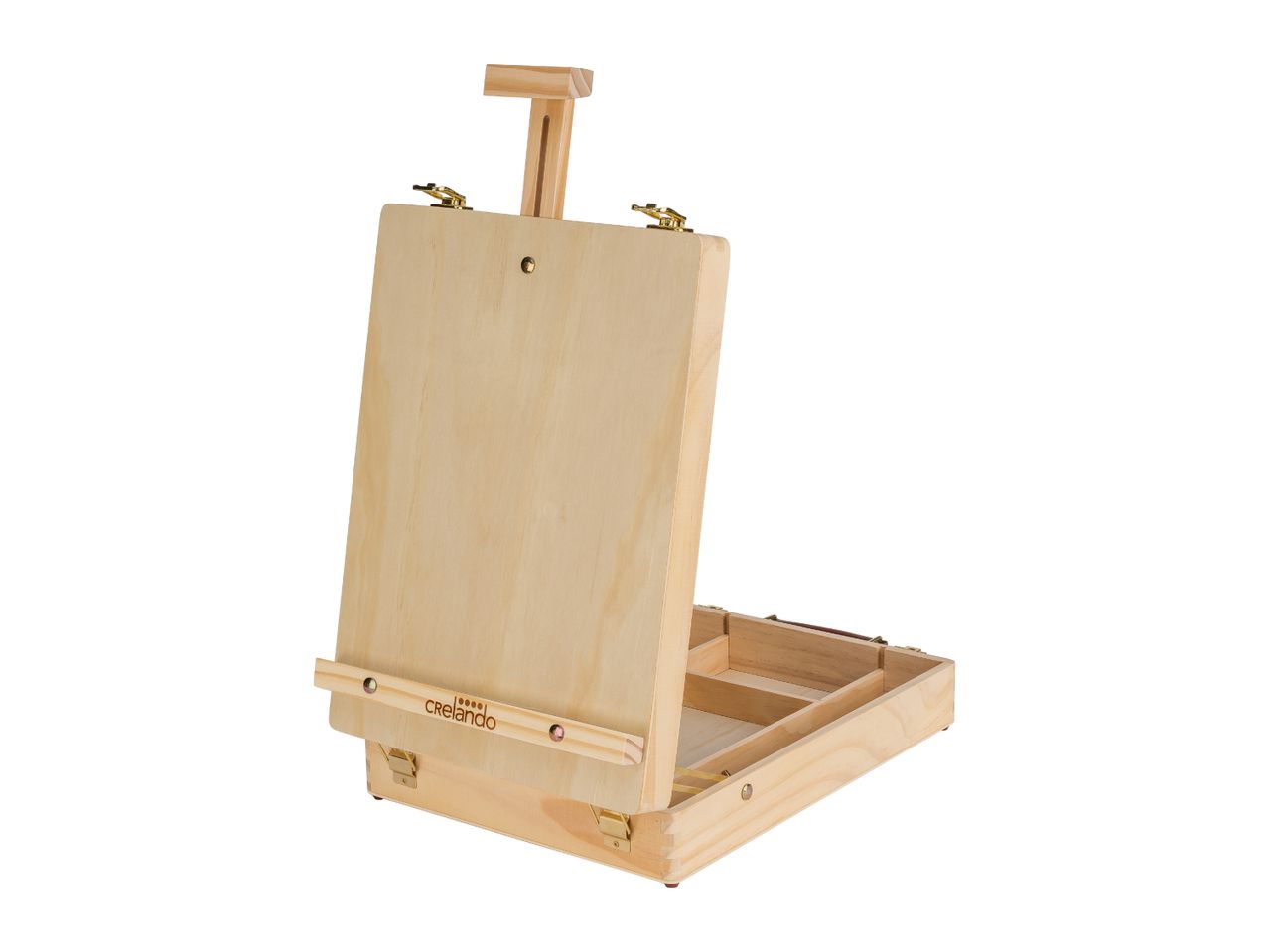 Wooden tabletop easel with an open storage compartment and adjustable canvas holder.