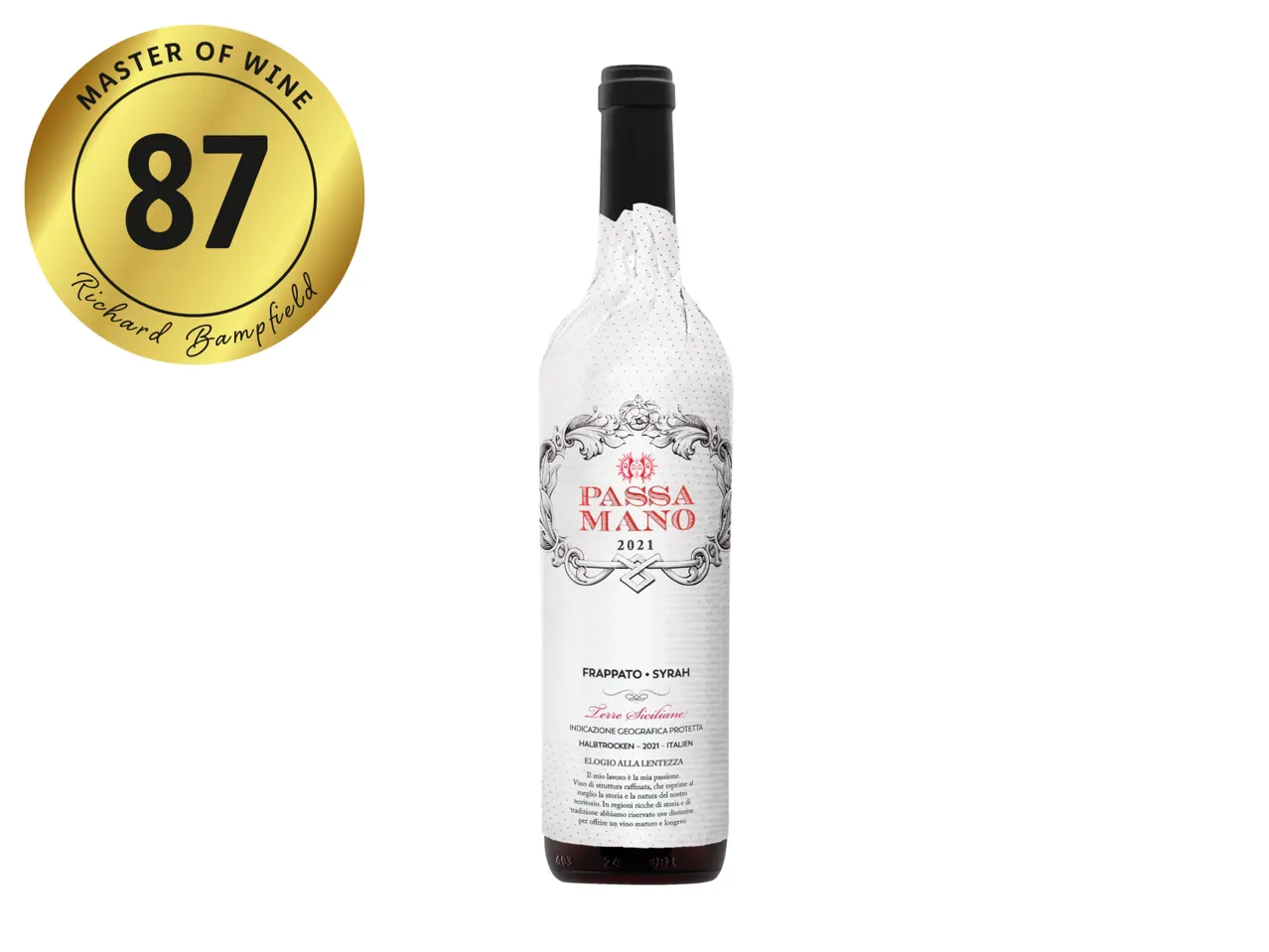 A bottle of Passa Mano 2021 Frappato Syrah wine with an 87-point Master of Wine rating.