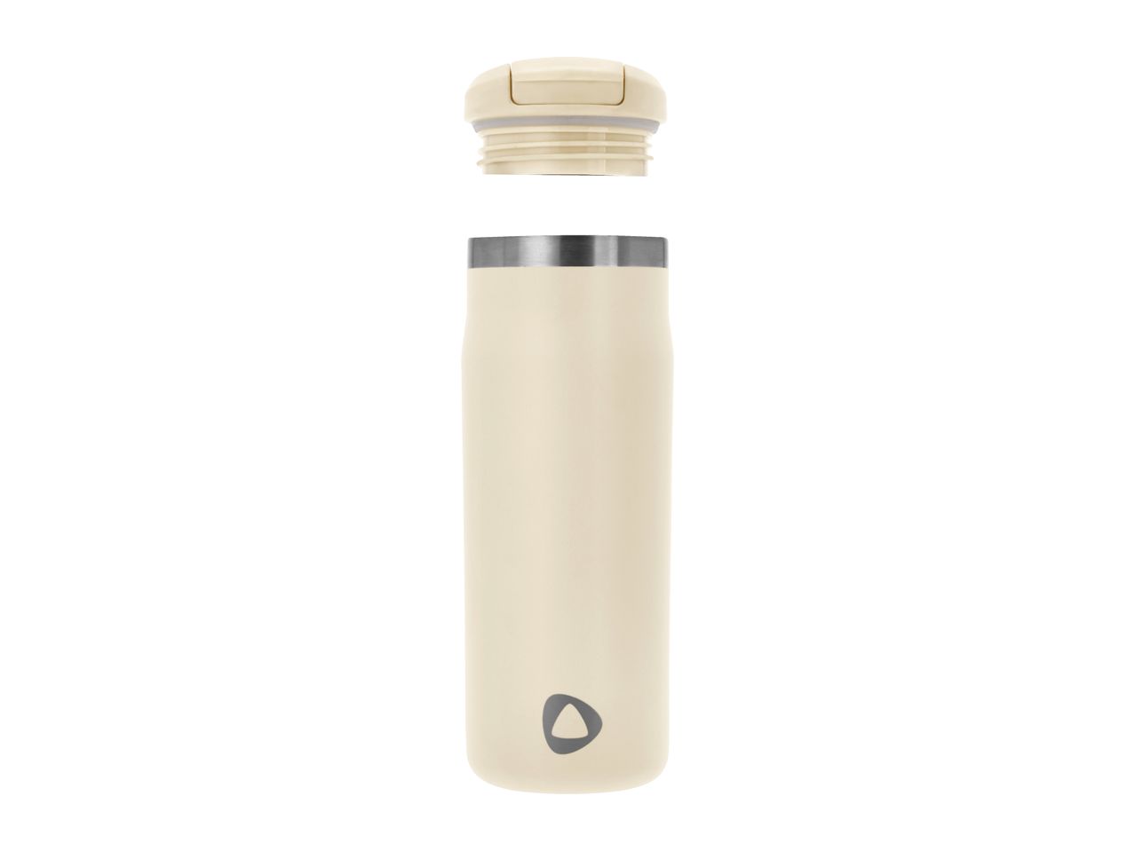 Cream-colored travel mug with a detached lid, featuring a small triangular logo.