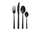 Black cutlery set including a fork, knife, and two spoons of different sizes.