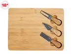 Bamboo cheese board with three cheese knives.