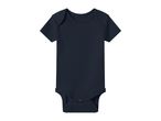 Dark blue short-sleeved baby bodysuit with snap closures