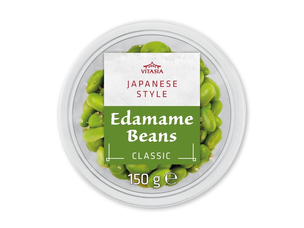Edamamebønner i en klar skål, mærket 'JAPANESE STYLE Edamame Beans CLASSIC 150 g'