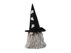 Halloween gnome decoration with a black witch hat decorated with ghosts and a grey beard