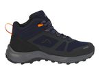 Dark blue and black men's mid-cut hiking shoe with orange accents