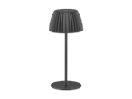 Dunkelgraue Stehlampe mit plissiertem Schirm auf schwarzem Hintergrund.
