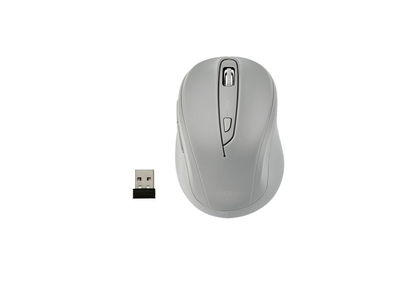 Trådlös TRONIC-mus i grått med USB-mottagare.