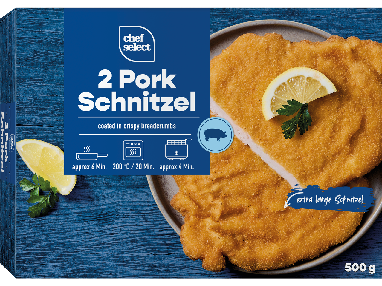 Chef Select: 2 extra stora fläschnitzlar, panerade i knapriga ströbröd (500g).