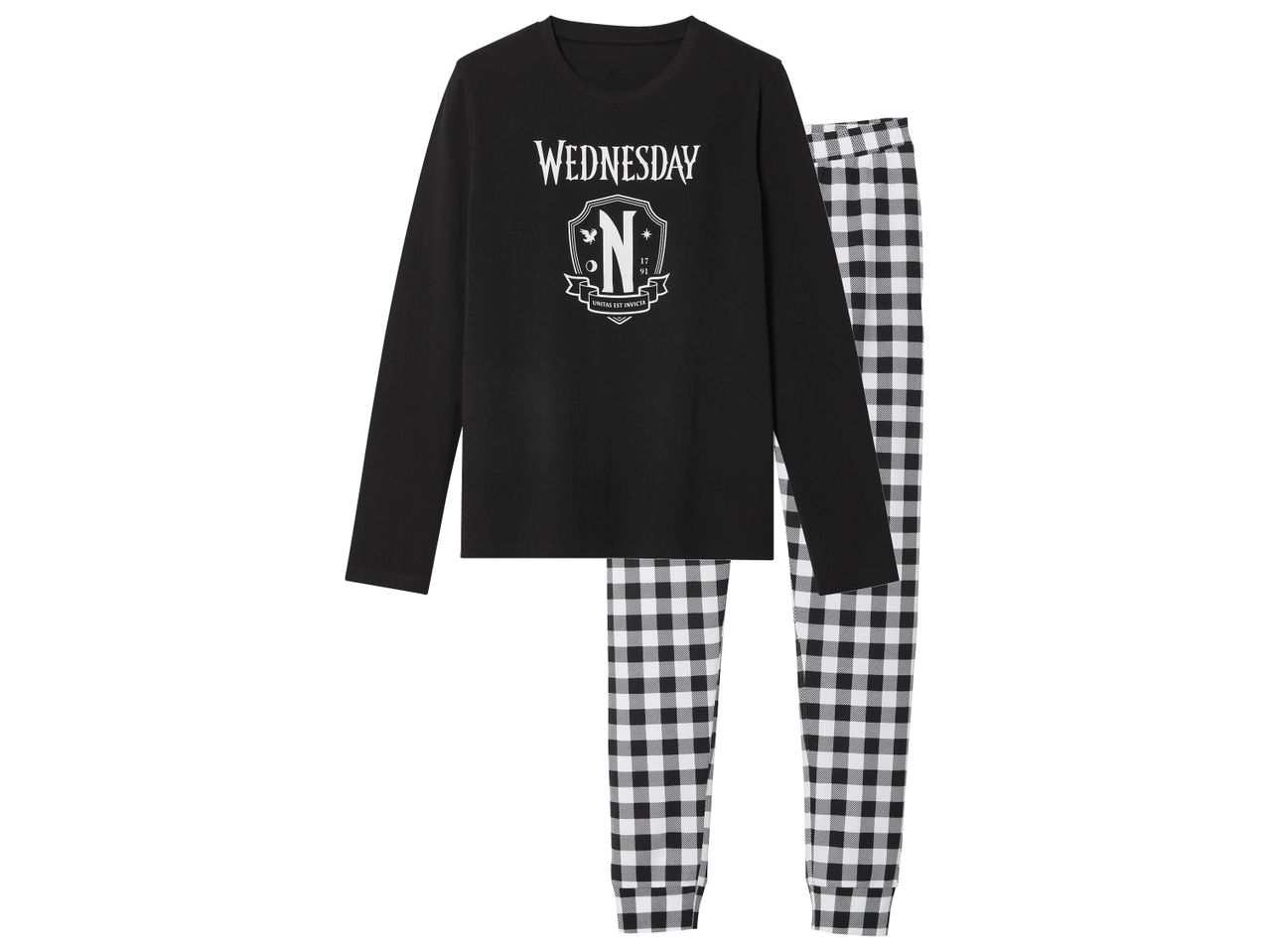Wednesday Addams themed black long-sleeve shirt and black and white checkered pajama pants.